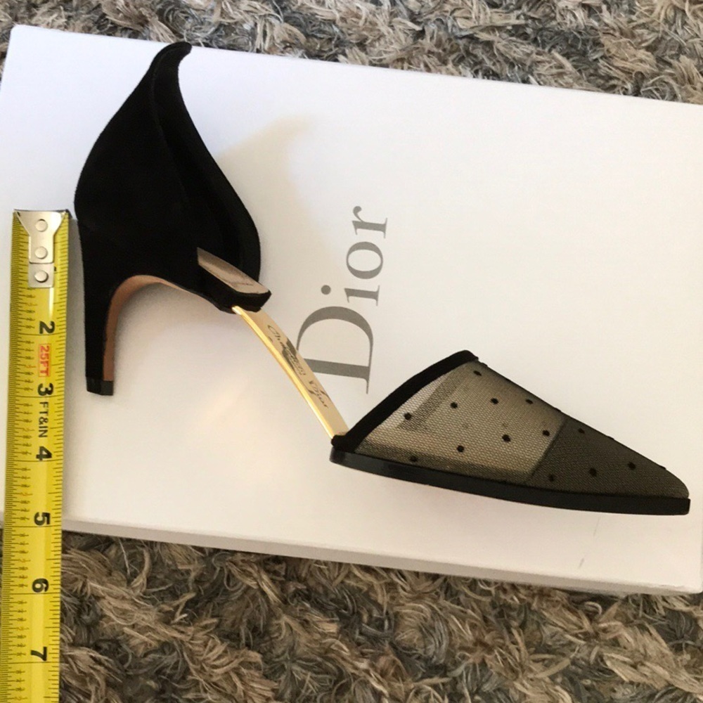 Christian Dior D-Vision Pump Heels Black Polka Dot Mesh Suede Gold Hardware 36 - Picture 7 of 11